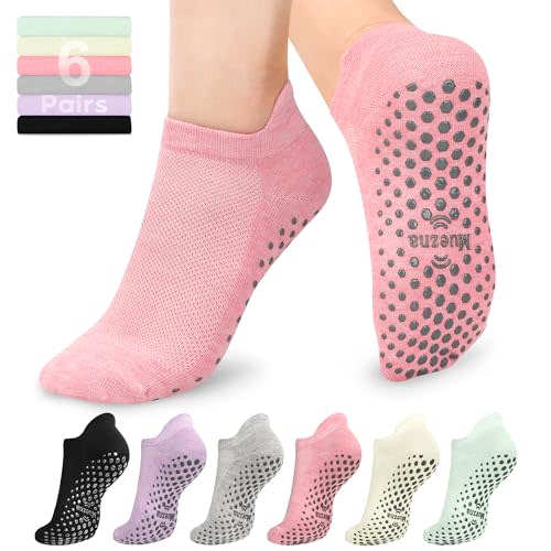 Muezna 6 Pairs Pilates Grip Socks for Women, Non Slip Yoga Socks with Grips, Grippy Socks for Barre, and Hospital