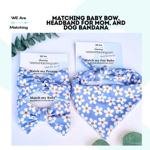 Matching baby bow + dog bandana + knotted headband for mom| Matching set Mom, Baby, and Dog| Baby Shower gift| Add BowTie for dad or baby