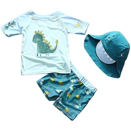 Baby Toddler Boys Two Pieces Swimsuit Set Swimwear Dinosaur Bathing Suit Rash Guards with Hat UPF 50+
