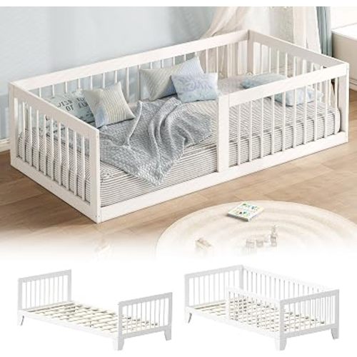 Montessori Toddler Bed, Variable Twin Floor Bed Frame with Removable Guardrails and Legs, Low Wooden Kids Bed with 12 Slats and Supporting keel, Crib-to-Bed Transition for Bedroom or Nursery, White