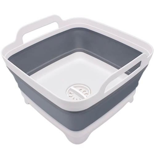 2.4 Gal(9L) Collapsible Dish Basin with Drain Plug, Space Saving Outdoor Multiuse Foldable Sink Tub, Dishpan, Kitchen Storage Tray for Camping, Vegetable Washing, RV (Gray)
