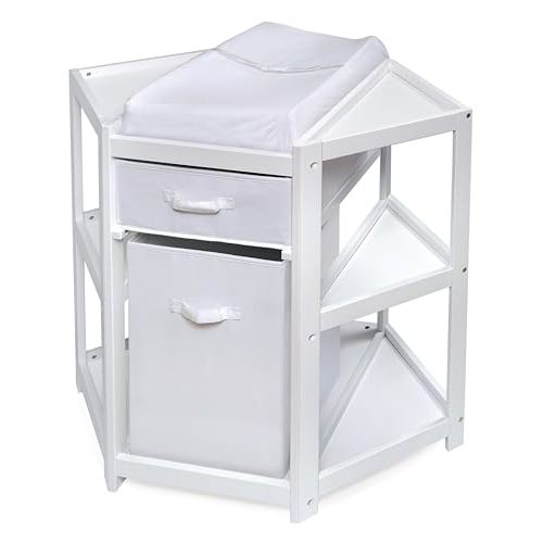 Diaper Corner Baby Changing Table with Pad, Hamper and Basket | Corner changing table with pad, safety belt, hamper, storage bin & space-saving design for nursery organization.