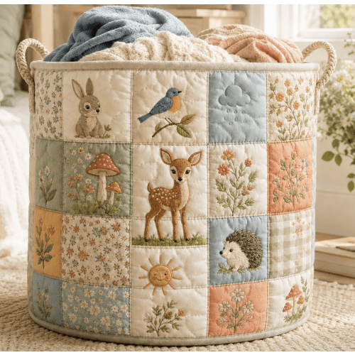 20inx28in Woodland Animal Quilted Laundry Basket, Rabbit Storage Bin, Floral Fabric Hamper, Nursery Toy Basket Decor