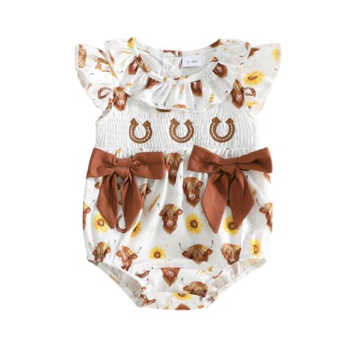 Western Baby Girl Clothes Cow Print Romper Smocked Bubble Ruffle Sleeve Bow Bodysuit Newborn Infant Cowgirl Outfit