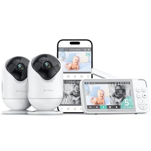 Dr.Care VistaView Smart WiFi Baby Monitor with 2 Cameras- 5” 1080P Split Screen & 2K Camera App Control, Cry & Motion Alerts, Night Vision, 5000mAh Battery, 2-Way Talk, Triple Security, 1279ft Range
