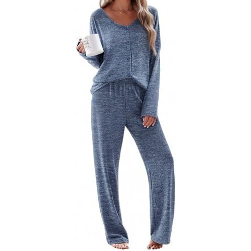 Ekouaer Womens Pajama Sets Button Up Long Sleeve Lounge Set Soft V Neck Pj