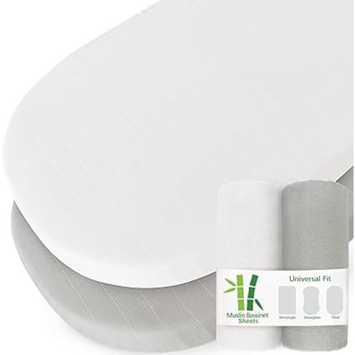 Muslin Bassinet Sheet Fit for Halo, Dream on Me, Fisher Price, Delta, Graco and Other Oval Bassinet Mattress, 2 Pack Bassinet Sheets (16''×32''/17"x32"/20''x33'') for Baby Boys & Girls, Grey and White