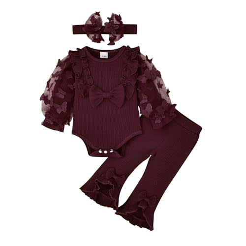 CETEPY Baby Girl Clothes Newborn Outfits 3D Butterfly Long Sleeve Romper Flare Pants with Bow Headband Set 0-18 Months