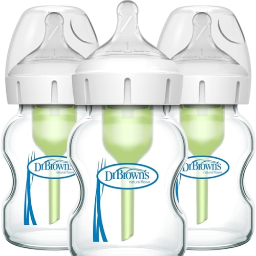 Dr. Brown's Natural Flow Anti-Colic Options+ Wide-Neck Glass Baby Bottles 5 oz/150 mL, with Level 1 Slow Flow Nipple, 3 Pack, 0m+