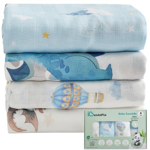 IBESTOPIA Muslin Baby Swaddle Blankets, 4-Pack 47x47 inches, Breathable 100% Rayon from Bamboo Receiving Blanket, Shower & Registry Gift (Little Dragon/Blue Castle/Hot Air Balloon/Prince & Dragon)