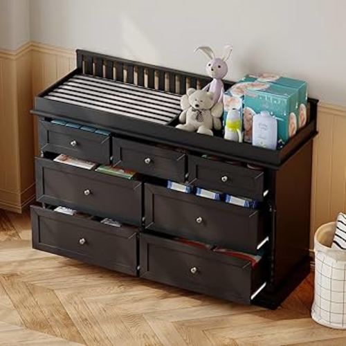 WOODTIME Nursery Dresser with Diaper Changing Tray, Baby Kids Dresser Changing Table with 7 Drawers & Carved Pattern for Nursery Bedroom Living Room, Black, 19.3" D x 56.5" W x 40" H