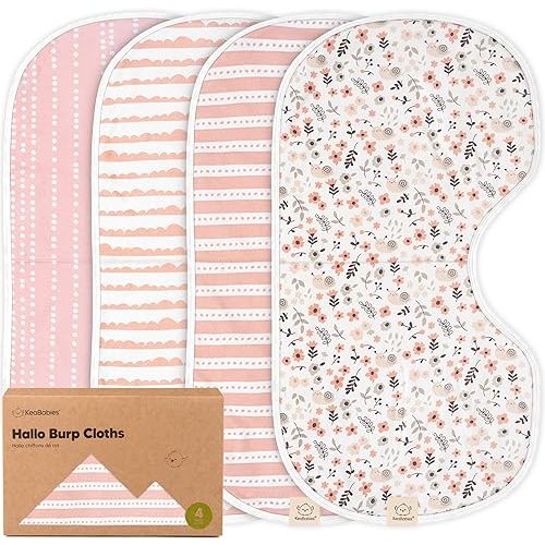 KeaBabies 4-Pack Baby Burp Cloths Baby Girl, Boy - Organic Cotton Burp Cloth, Extra Large, Absorbent, Soft Burping Cloths & Bibs Set for Babies, Newborn Burp Clothes, Thick Burp Rags (Sweet Charm)
