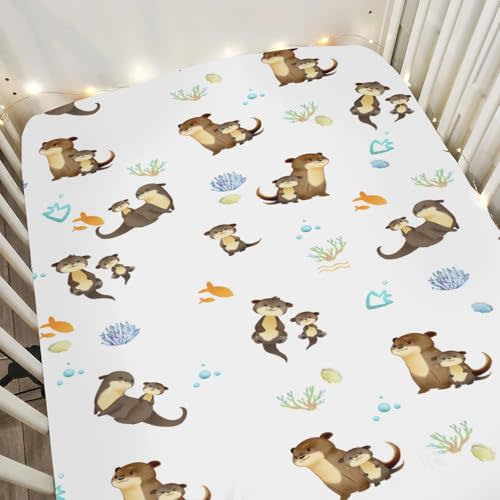 Cute Otters Family Baby Crib Sheets for Boy Girl 52"x28" Sea Otters Fishes Corals Conches Soft Stretchy Fitted Crib Mattress Cover Ocean Animals Baby Sheet for Crib and Toddler Bed Mattresses