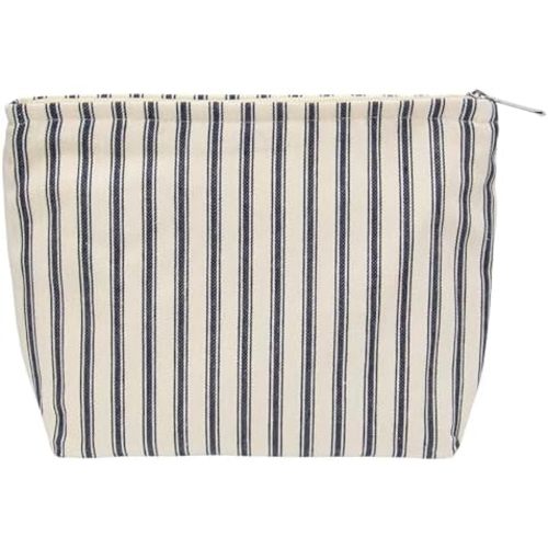PAZIMIIK Makeup Bag Large Cotton Zipper Pouch for Purse Travel Canvas Make Up Organizer for Women Cosmetic,Vintage Stripe Navy Blue