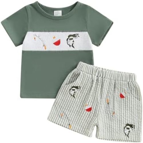 Toddler Baby Boy Fishing Outfit Short Sleeve Crew Neck Shirt and Plaid Elastic Waist Shorts Set Infant Summer Clothes