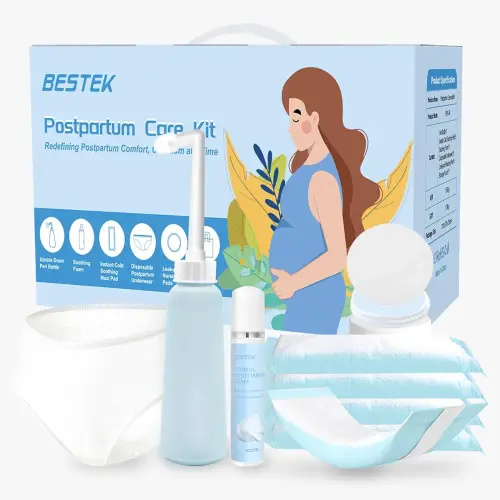 Postpartum Recovery Essentials Kit - Labor Delivery Mom Care Kit - Disposable Postpartum Underwear, Peri Bottle, Postpartum Ice Pack Pads, Reusable Nursing Pads, Herbal Foam, Canvas Bag Set 6 pack