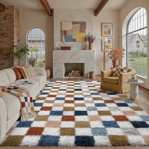 Checkered Rug 8x10 for Living Room, Modern Rainbow Shag Rug Washable Non-Slip Large Area Rug Super Soft Indoor Fuzzy Carpet Fluffy Rugs for Bedroom Home Aesthetic Decor