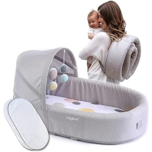 Lulyboo Portable Baby Travel Lounge & Playpen - Indoor/Outdoor Cuddle & Play Baby Bed, Adjustable Backpack, Waterproof, Lightweight, Includes Changing Pads, Plush Toys & Removable Canopy (Bubble)