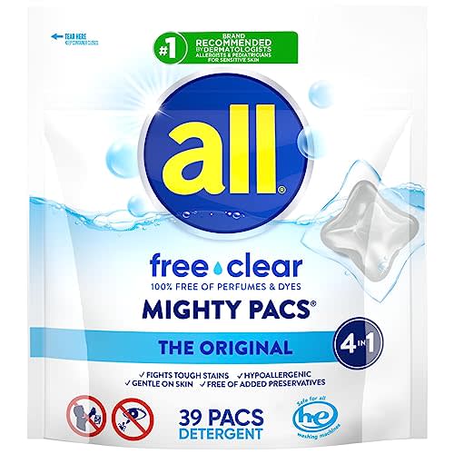 all Free Clear, Original, Mighty PACS Laundry Detergent Pacs for Sensitive Skin, Unscented and Hypoallergenic, 39 Count