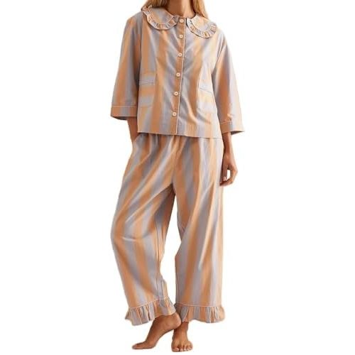 XBTCLXEBCO Womens Striped 2 Piece Pajamas Sets Long Sleeve Button Babydoll Shirt Tie Up Ruffle Pants Lounge Set Y2K Sleepwear