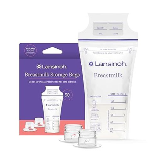 Lansinoh Breastmilk Storage Bags, 50 Count with 2 Pump Adapters, Baby Essentials, Fast Freeze & Thaw Breast Milk Bags for Baby Bottle Feeding, Superior Strength & Stretch, 6 Ounce