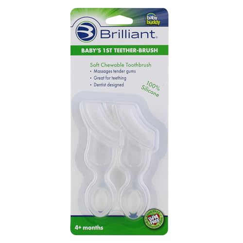 Brilliant Oral Care Baby’s First Toothbrush, Smooth Silicone Bristles Gently Clean Tender Teeth and Gums, for Ages 4+ Months, Clear, 2 Pack