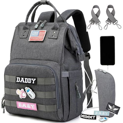 Diaper Bag Backpack for Dad and Mom with USB Charging Port Stroller Straps and Insulated Pocket,army military Travel Nappy Backpack (Dark Grey)