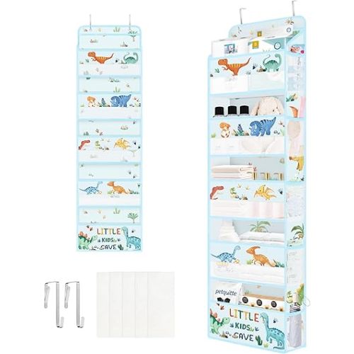 Clastyle Dinosaur Over the Door Organizer Tree Nursery Hanging Storage Organizer for Kids Clothes Diaper Toy Closet Door Hanging Shelf Storage for Bedroom Bathroom Pantry, Blue, 5-Tier