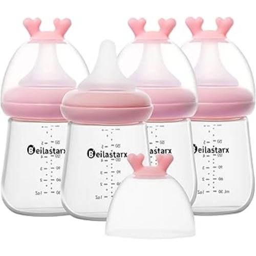 Glass Baby Bottles with Natural Response Nipple Size S - Anti Colic Baby Bottles Wide Neck Slow Flow Baby Bottle (Red, 6oz (Pack of 4))