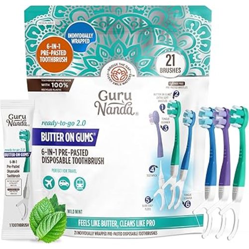 GuruNanda 6-in-1 Ready-to-Go Disposable Toothbrush, Pre-Pasted Butter on Gums Softex Bristles, Floss & Toothpick, Tongue & Cheek Cleaner, Individually Wrapped & TSA Friendly, 21 Ct