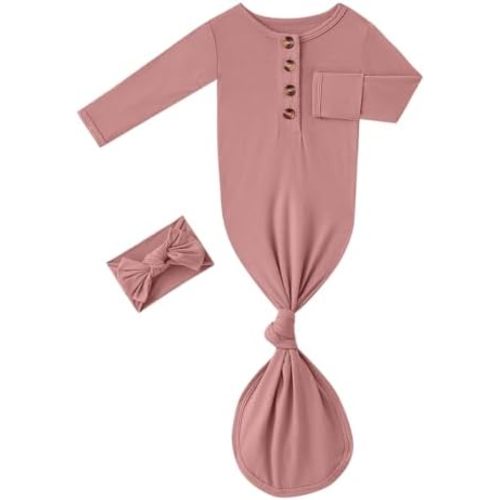 Newborn Baby Boys Girls Knotted Gown Headband/Hat Set Clothes Bamboo Viscose Soft Sleeper Sleep Gown with Mittens