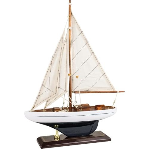SAILINGSTORY Wooden Sailboat Decor Ship Model Navy/White