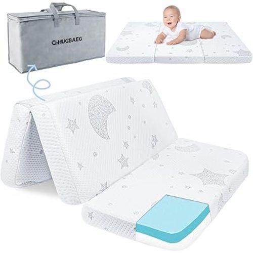 Pack and Play Mattress, 38x26 Dual-Sided Memory Foam Trifold Pack N Play Mattresses, Portable Baby Travel Mattress for Pack N Play with Breathable Removable Cover and Carry Bag