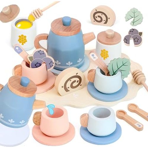 Wooden Tea Set for Little Girls, Play Food Sets for Kids Pretend Play Kitchen Accessories, Princess Toys Tea Party Set, Role Play Educational Toy for Girls Boys Blue