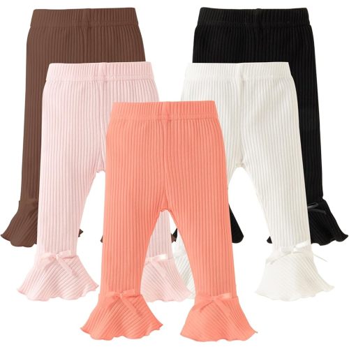 DREAM BUS 5 Pack Baby Pants Toddler Girl Ribbed Ruffle Bell Bottoms Toddler Leggings Baby Boy Pants Newborn Girl Flare Pants