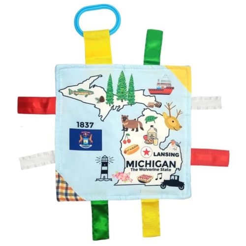 Baby Jack & Co 8x8” Learning Lovey Michigan State Tag Stroller Toy for Babies - Crinkle Toys for Developing Five Senses - Learn About Capitals - Travel with Baby Jack - BPA Free Clip