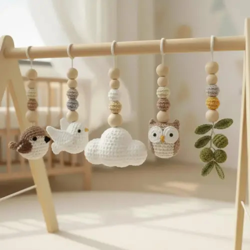 Montessori Baby Play Gym, Wooden Baby Gym with Bird Owl Cloud Crochet Toys, Neutral Nursery Decor, Scandinavian Baby Gift
CloudyPearlCrafts