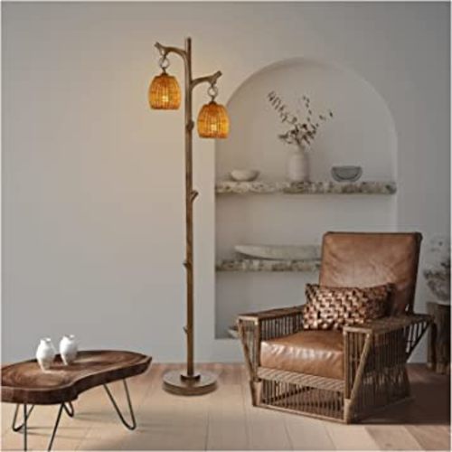 65" High Farmhouse Rustic Country Cottage Floor Lamp Tree Trunk Faux Wood Column Brown Finish Wicker Drum Shade Decor for Living Room Bedroom Reading Room
