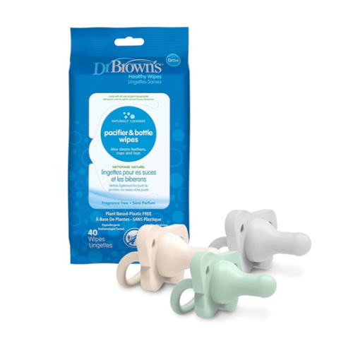 Dr. Brown's HappyPaci 100% Silicone Pacifier 0-6m, BPA Free, Cool Gray, Green, Ecru, 3 Pack and Pacifier and Bottle Wipes, 40 Count
