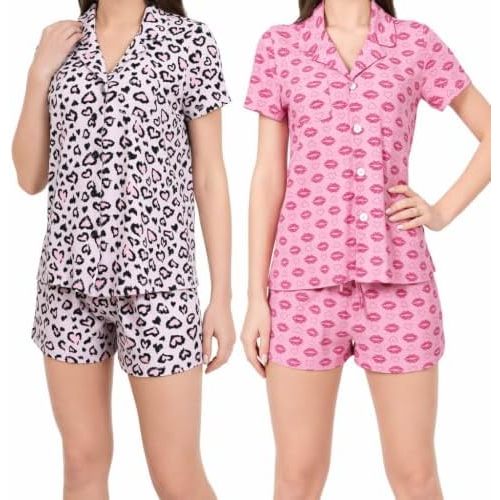 Just One 2-Pack Women's Pajama Sets with Pocket Soft Notch Collar Button-Down Short Sleeve Shirt and Shorts