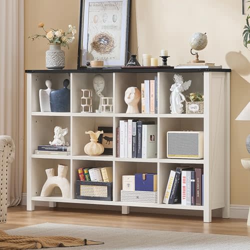 Joaxswe 12 Cube Storage Organizer, Farmhouse 62 Inch Warm White Display Bookshelf, Wooden 3 Tier Large Open Book Shelf, Modern Bookcase for Home Office, Rustic Cubby Cabinet for Living Room, Bedroom