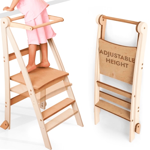 Folding Wooden Kitchen Standing Stool for Toddlers – Adjustable Height, Safe & Compact Learning Step Stool, Ages 18 Months+