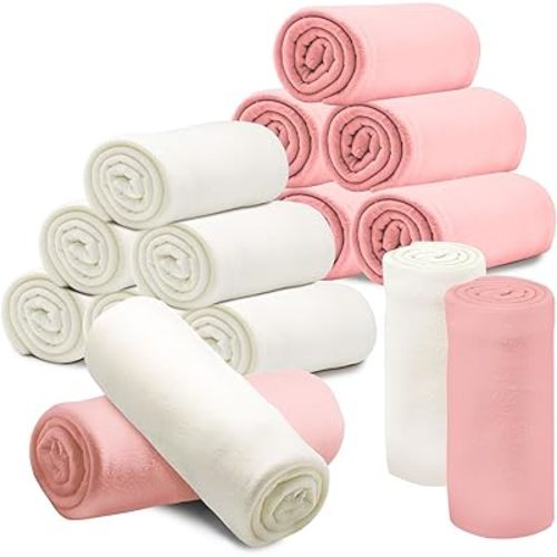 12PCS Fleece Throw Blankets Bulk 60 x 50 in Soft Blankets Fabric Warm Lightweight Wool Blanket Cozy Coverlet for Beds Sofas Home Wedding Season and Valentine's Day(Pink +White)