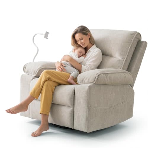 YuuYee Nursery Glider Recliner Chair, 360° Swivel Rocker Recliner for Nursery Living Room, Oversized Manual Reclining Chair with Phone Holder, Velvet Nursing Chair, Rocking Chair, Beige