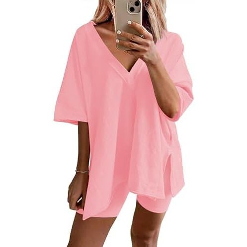 Ekouaer Womens 2 Piece Lounge Set Oversized V Neck Top Biker Short Pajamas