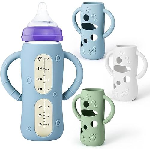 Mity rain 3 Pack Silicone Sleeves for Lansinoh Glass Bottles 8 OZ - Anti Breakage Baby Bottle Holder, Compatible with Lansinoh Glass Bottles for Babies with Handle