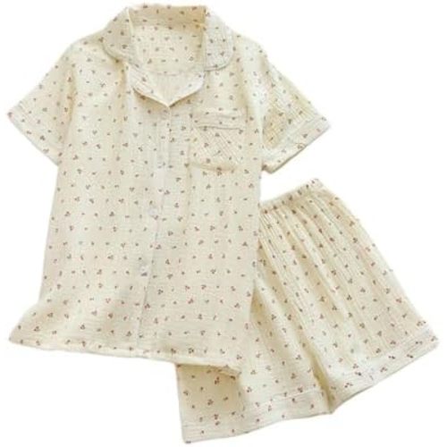 Womens Cute Pajama Set Short Sleeve Button Up Shirt and Shorts 2 Piece Cotton Pj Sets