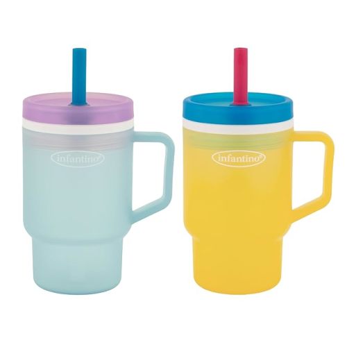 Infantino My 1st Tumbler, 10 Oz. Durable Plastic Sippy Cup with Silicone Leak-Resistant Straw & Handle, for On-the-Go, BPA-Free Transition Cup, Cool Breeze & Lemon Rizz, 2-Pack