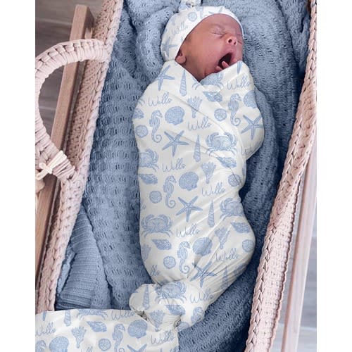 Coastal Blue Baby Swaddle with Name: Seashells/Marine Animal Blanket Boy or Girl