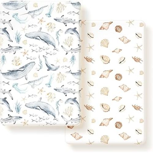 GRSSDER Stretchy Super Soft Jersey Knit Fitted Pack n Play Sheets Set 2 Pack, Universal Fitted for Portable/Mini Crib Mattresses Snug and Safe, Beautiful Marine Organism for Boys and Girls